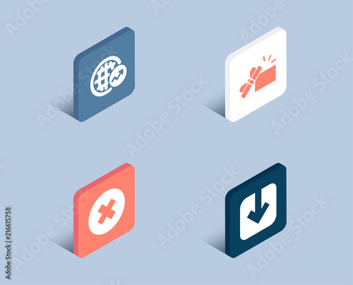 Set of World statistics, Opened gift and Close button icons. Load document sign. Global report, Present box, Delete or decline. Download arrowhead.  3d isometric buttons. Flat design concept. Vector