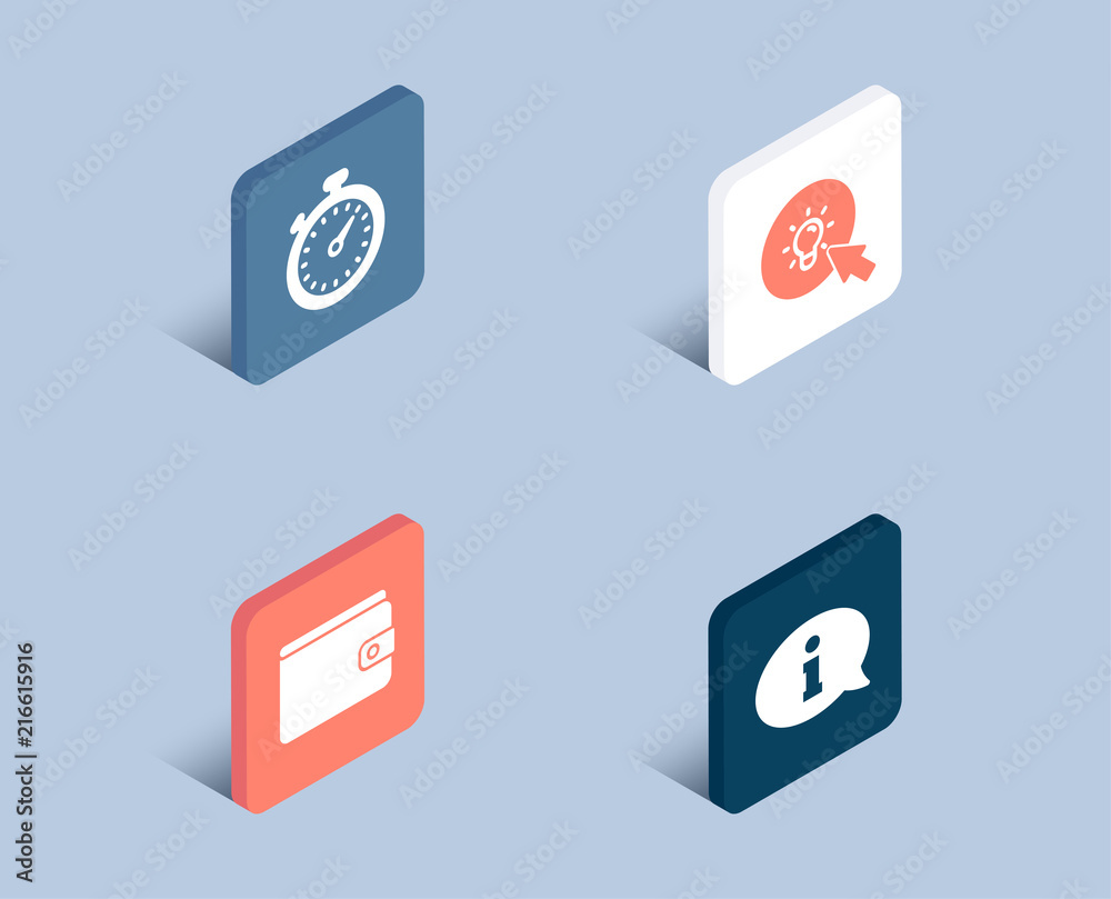 Set of Timer, Money wallet and Energy icons. Information sign. Stopwatch gadget, Payment method, Turn on the light. Info center. 3d isometric buttons. Flat design concept. Vector Set of Timer, Money wallet and Energy icons. Information sign. Stopwatch gadget, Payment method, Turn on the light. Info center. 3d isometric buttons. Flat design concept. Vector