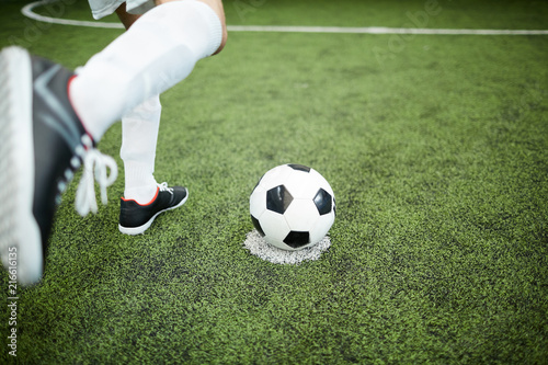Leg of footballer before kicking soccer ball during game of football on green field © pressmaster