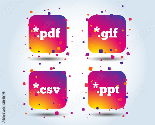 Document icons. File extensions symbols. PDF, GIF, CSV and PPT presentation signs. Colour gradient square buttons. Flat design concept. Vector