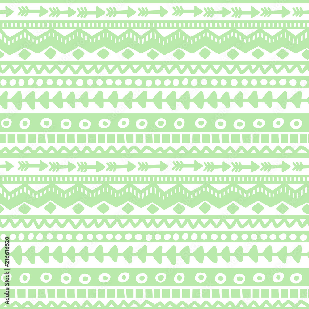 Seamless green and white geometric background. Ethnic hand drawn pattern for wallpaper, cloth, cover, textile