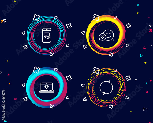 Set of Message, Internet downloading and Dating icons. Full rotation sign. Phone messenger, Load data, Love messenger. Refresh or reload.  Circle banners with line icons. Gradient colors shapes