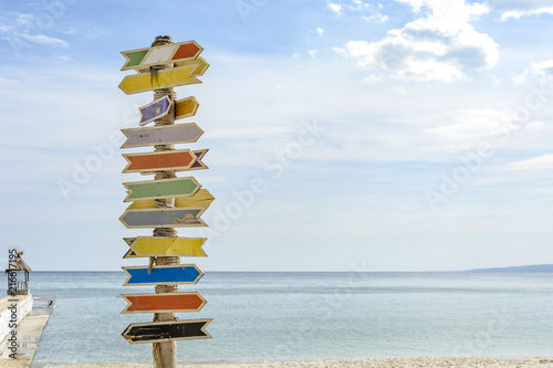 Multiple blank signs on a wooden pole in the beach.place for text.