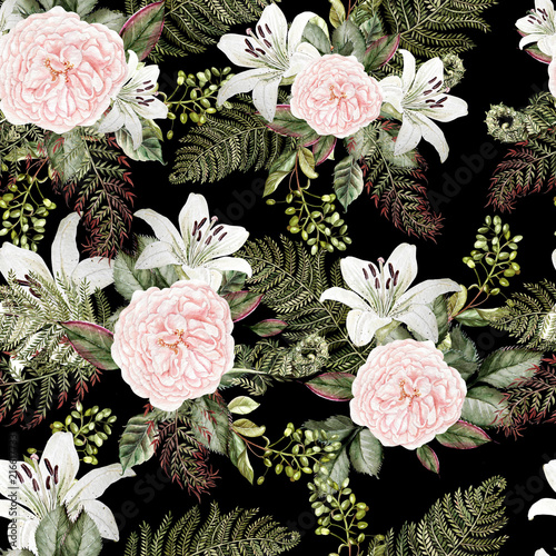 Bright watercolor pattern with flowers of a rose and  lily.