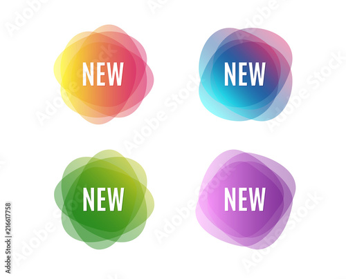 New symbol. Special offer sign. New arrival. Colorful round banners. Overlay colors shapes. Abstract design concept. Vector