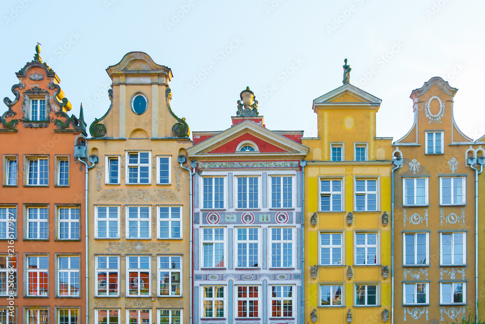 Long Market Street, typical colorful decorative medieval old houses, Royal Route Architecture of Mariacka street is one of most notable tourist attractions. Flat design.