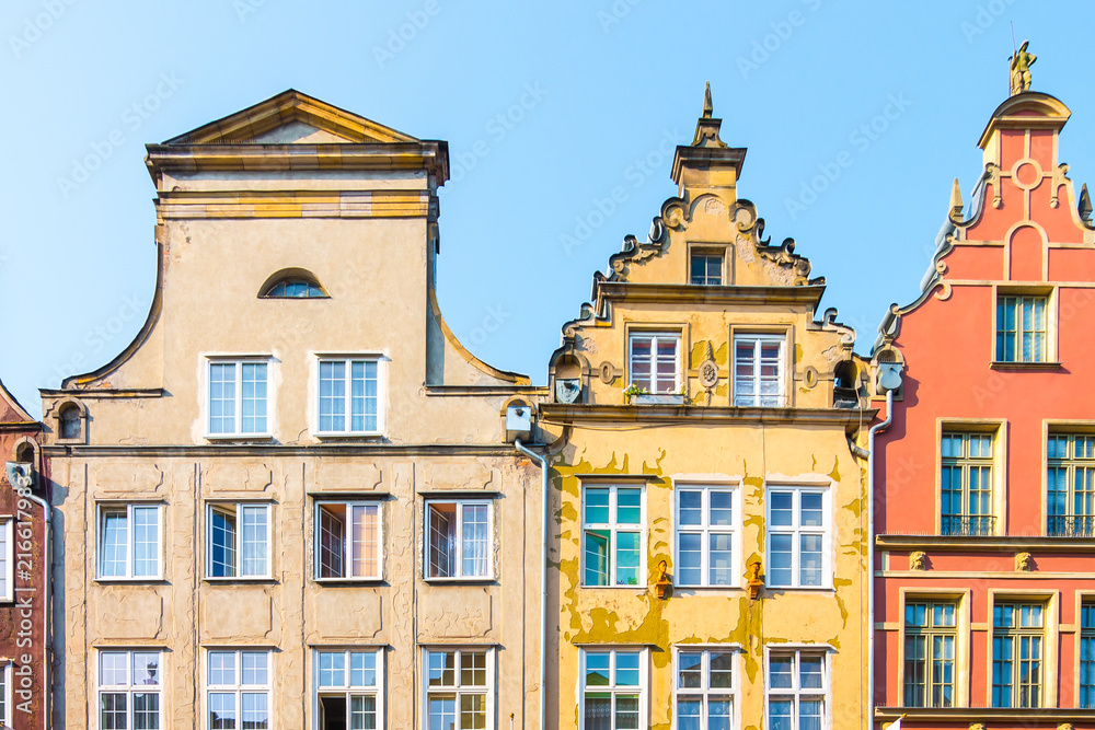 Long Market Street, typical colorful decorative medieval old houses, Royal Route Architecture of Mariacka street is one of most notable tourist attractions. Flat design.
