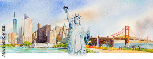 Statue Liberty, Manhattan urban, Golden gate bridge in USA.