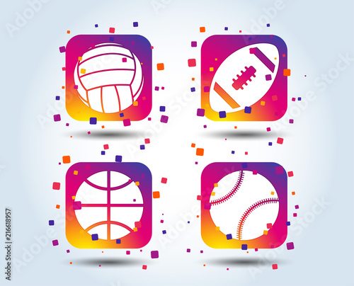 Sport balls icons. Volleyball, Basketball, Baseball and American football signs. Team sport games. Colour gradient square buttons. Flat design concept. Vector photo