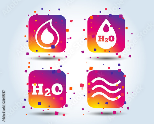 H2O Water drop icons. Tear or Oil drop symbols. Colour gradient square buttons. Flat design concept. Vector