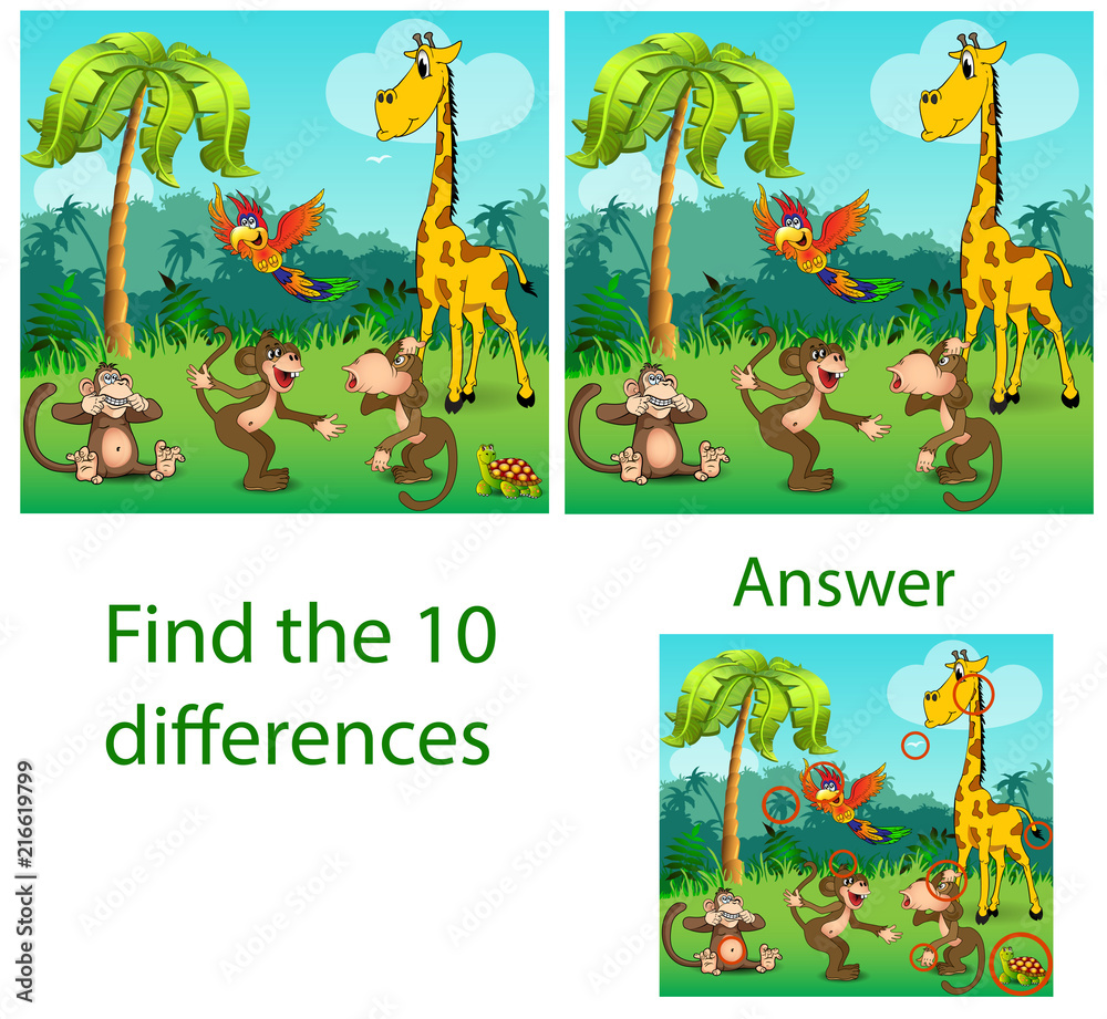 Naklejka premium Ilustracja dzieci. Wizualna łamigłówka ujawnia dziesięć różnic między bestiami żółwia, papugą małp i żyrafą w dżungli