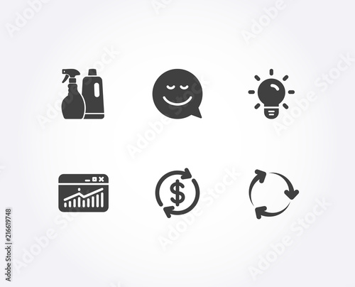 Set of Light bulb, Usd exchange and Website statistics icons. Smile, Shampoo and spray and Recycling signs. Lamp energy, Currency rate, Data analysis. Chat emotion, Washing liquids, Reduce waste