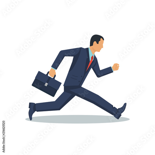 Businessman running with briefcase. Dynamic business concept. Late for work. Successful man in a suit run for work. Vector illustration flat design. Isolated on background. Business people.