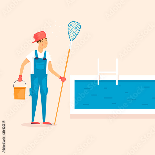 Cleaner pools, man with a net. Flat design vector illustration.