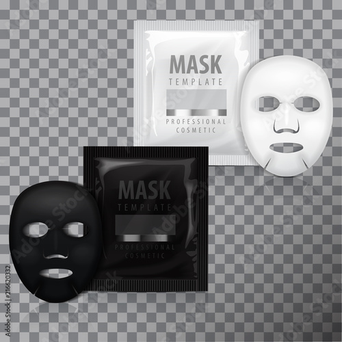 Realistic facial sheet mask and sachet. Vector mock up template. Beauty product package on transparent background