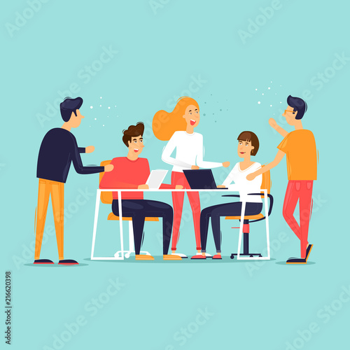 Teamwork, startup, support, data analysis, brainstorming, meeting. Flat design vector illustration.