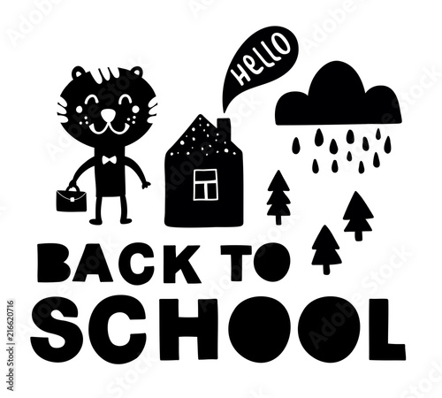 Fototapeta Naklejka Na Ścianę i Meble -  Back to school traditional poster with tiger cute animal.