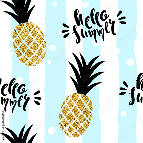 Tropical seamless pattern. Summer black and gold background. Pinapples and hello summer lettering. Vector illustration. photo