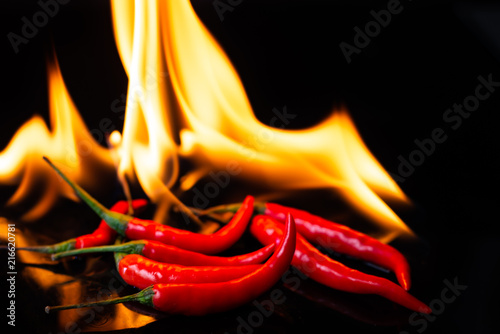 Burning hot chili on black background
