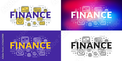 Finance. Flat line illustration concept for web banner and printed materials. Vector illustration in 4 different styles