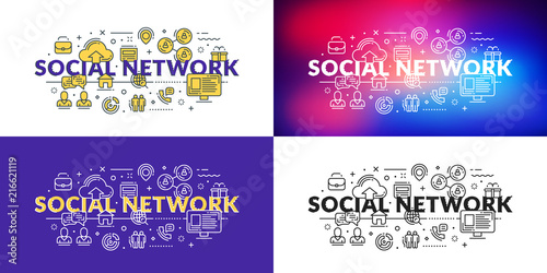 Social network. Flat line illustration concept for web banner and printed materials. Vector illustration in 4 different styles