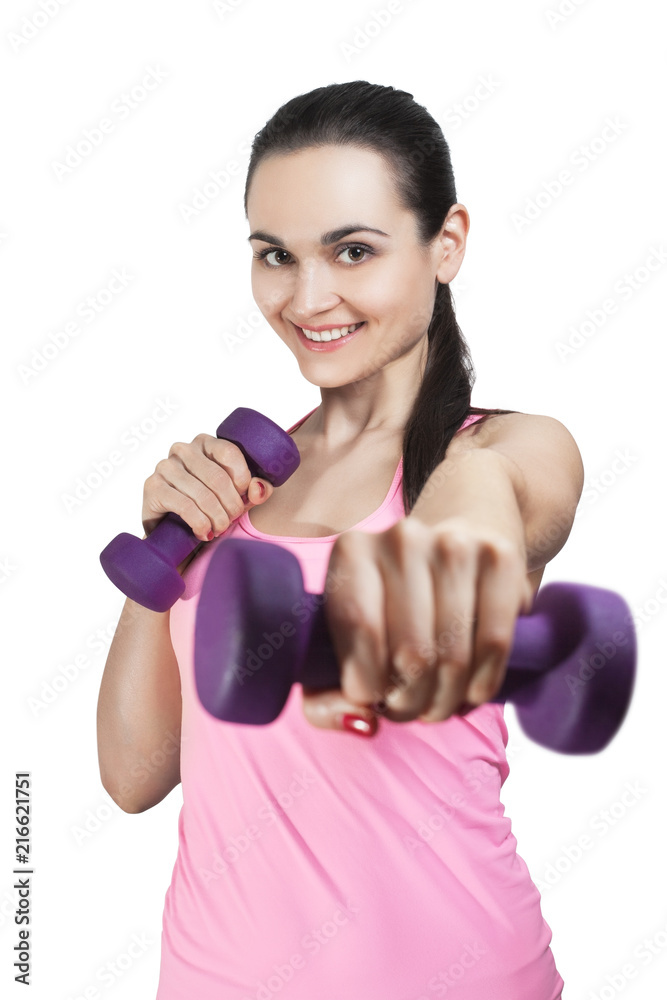 Sporty young woman with dumbbells, isolated on white background Sporty young woman with dumbbells, isolated on white background