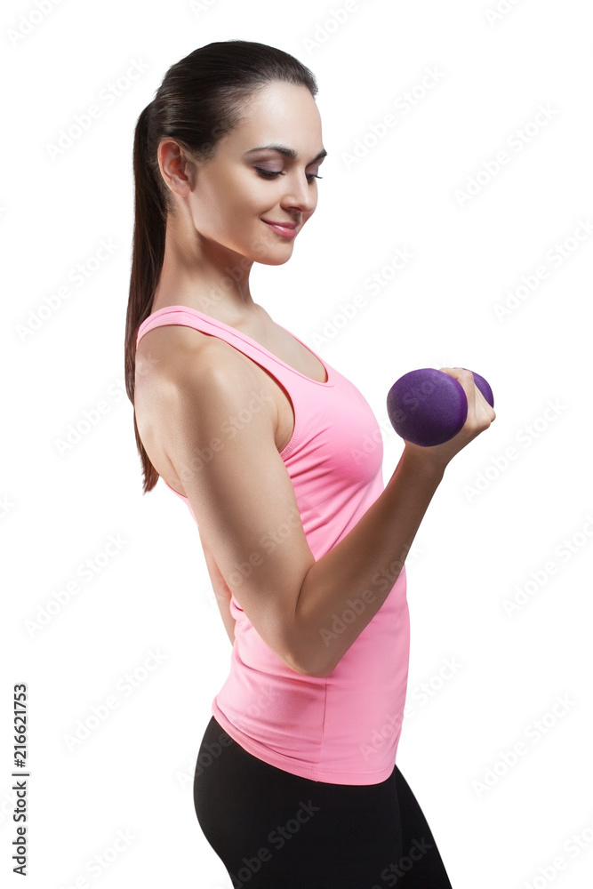 Sporty young woman with dumbbells, isolated on white background Sporty young woman with dumbbells, isolated on white background