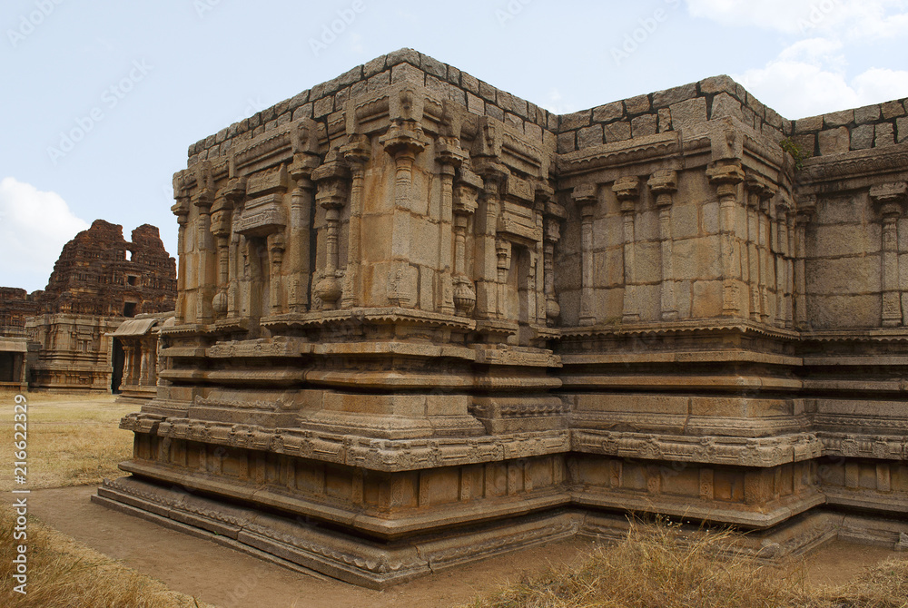 Twin chambered shrine of goddess, west side view, Achyuta Raya temple, Hampi, Karnataka. Sacred Center. The north gopura is ssen in the distance on the left.