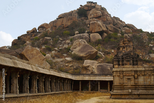 Twin chambered shrine of goddess and the cloisters. Achyuta Raya temple, Hampi, Karnataka.Sacred Center. View from the east. Matanga Hill is in the background. photo