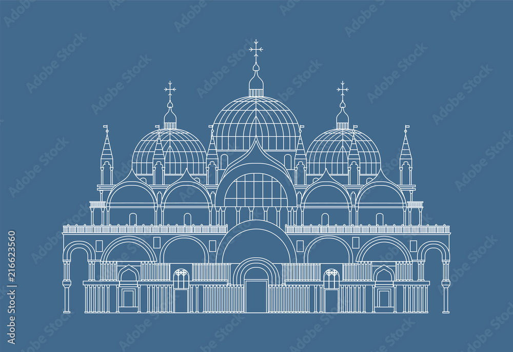 Saint Mark's Basilika white outline  vector eps10 illustration on blue background