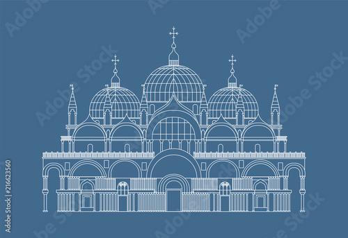 Saint Mark's Basilika white outline  vector eps10 illustration on blue background