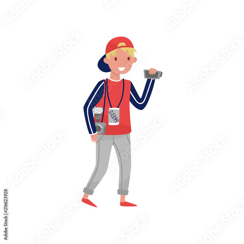 Guy with photo and video camera. Young journalist with happy face. Official press reporter. Flat vector design
