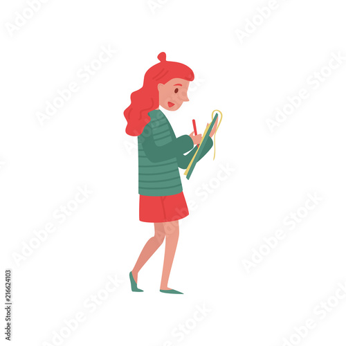 Young girl journalist taking notes on her clipboard. Professional at work. Official press reporter. Flat vector design