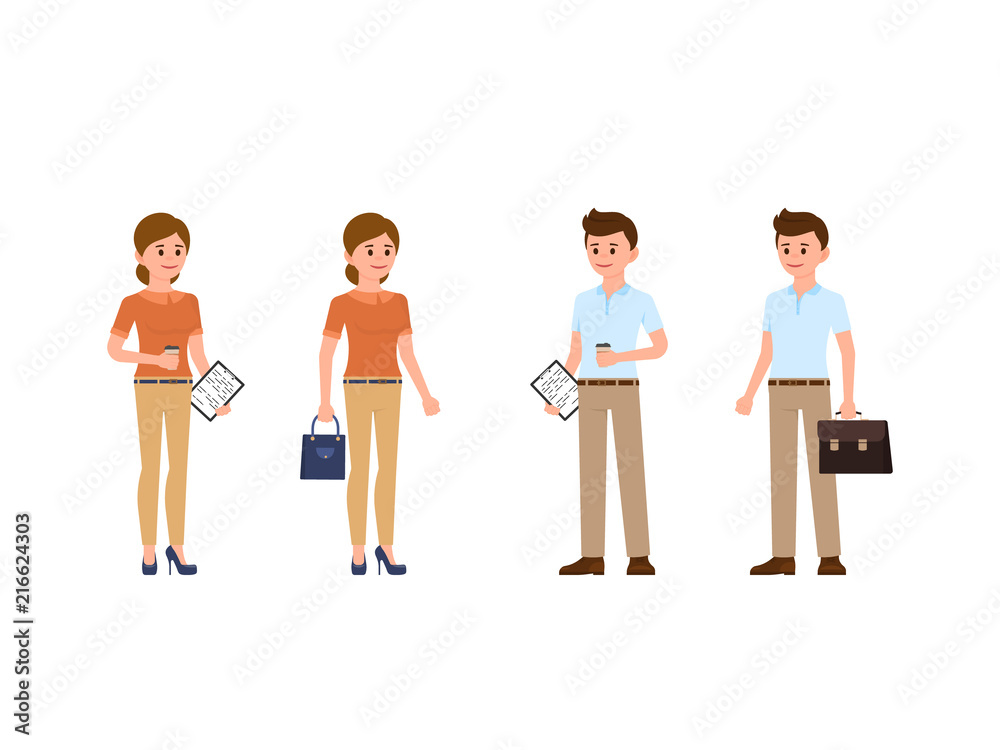 Young man and woman standing with briefcase and coffee. Office cartoon characters Young man and woman standing with briefcase and coffee. Office cartoon characters
