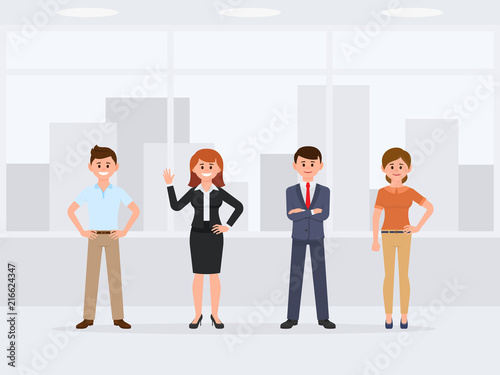 Happy coworkers standing at the office cartoon character. Front view of young happy colleagues