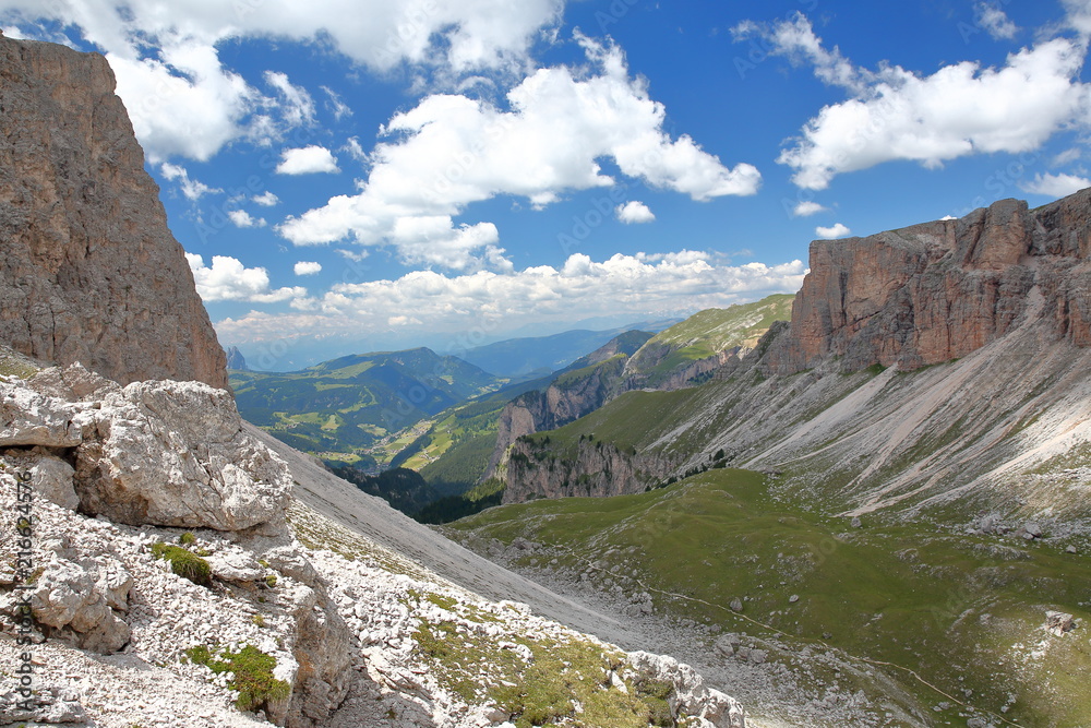Limestone pillars and rock formations above Val de Chedul viewed from Cir mountains in Puez Odle Natural Park, Val Gardena, Dolomites, Italy