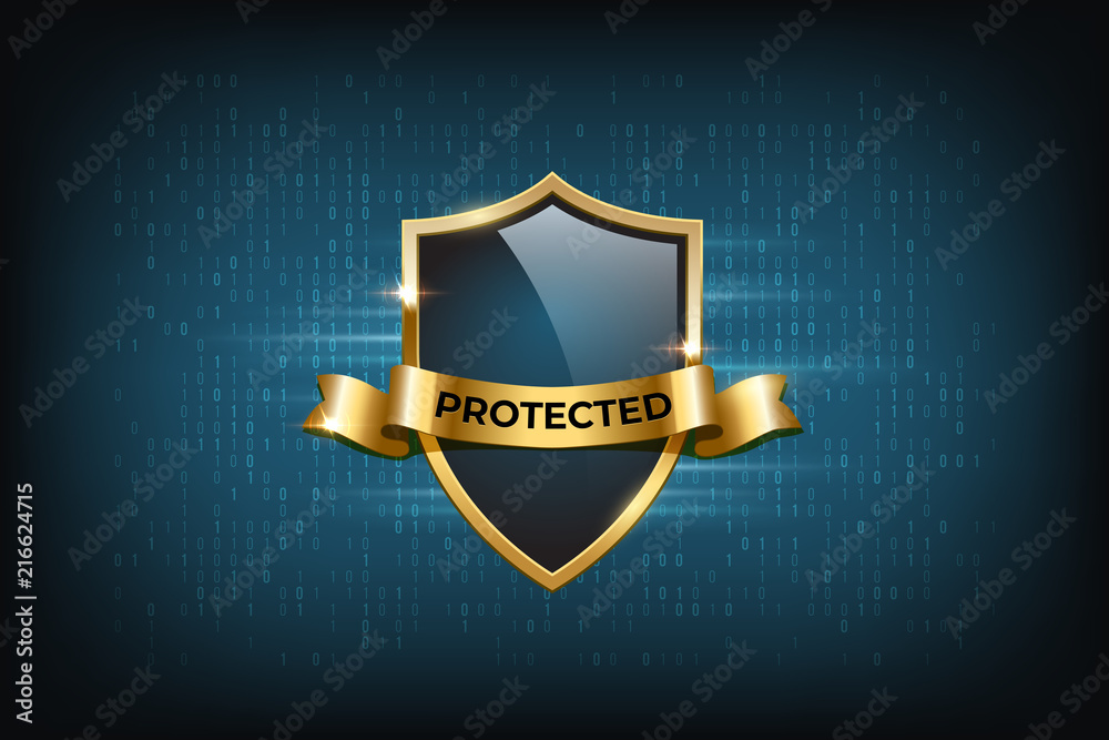 Glass shield with golden border and ribbon on dark blue background. Vector technology illustration. Glass shield with golden border and ribbon on dark blue background. Vector technology illustration.