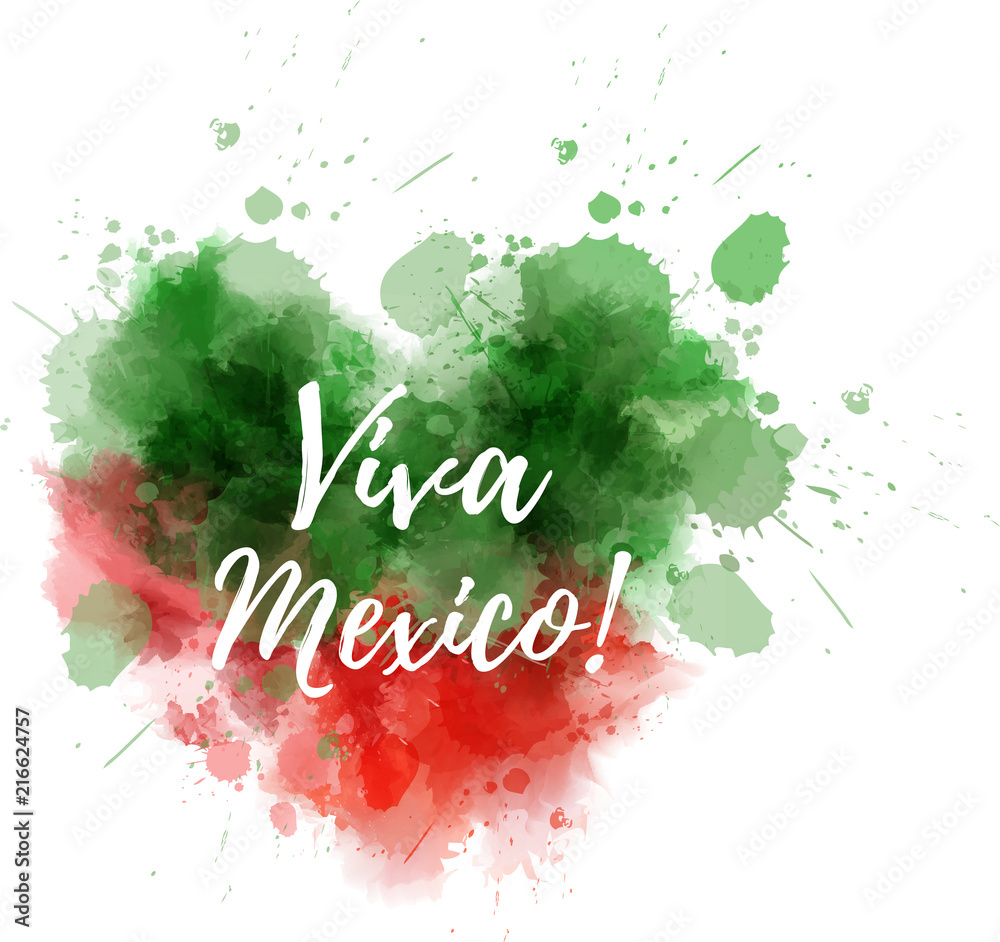 Independence day concept background. Abstract watercolor splashes in Mexico flag colors. Heart shaped watercolor blot. Viva Mexico! Independence day concept background. Abstract watercolor splashes in Mexico flag colors. Heart shaped watercolor blot. Viva Mexico!