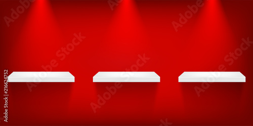 Empty white shelves under spot lights isolated on red background. Vector template.