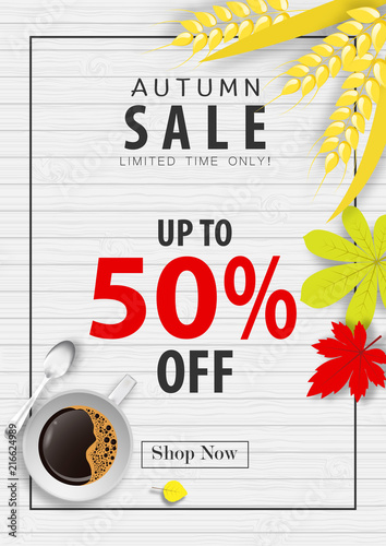 autumn sale banner background ,fifty percent sale off with coffee cup and barley rice on wood texture vector or illustration photo