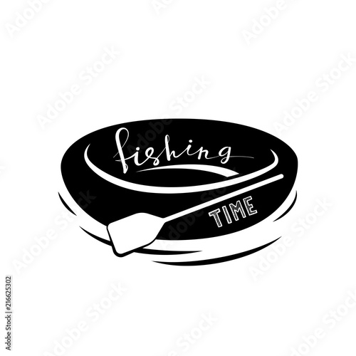 Inflatable rowing boat with paddle. Black and white icon. Vector illustration. Fishing time. photo