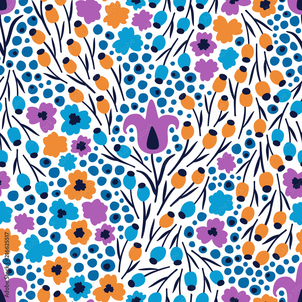Fototapeta Flowers field on white background. Seamless vector pattern, print for textile, fabric, wallpaper