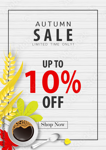 autumn sale banner background ,ten percent sale off with coffee cup and barley rice on wood texture vector or illustration photo