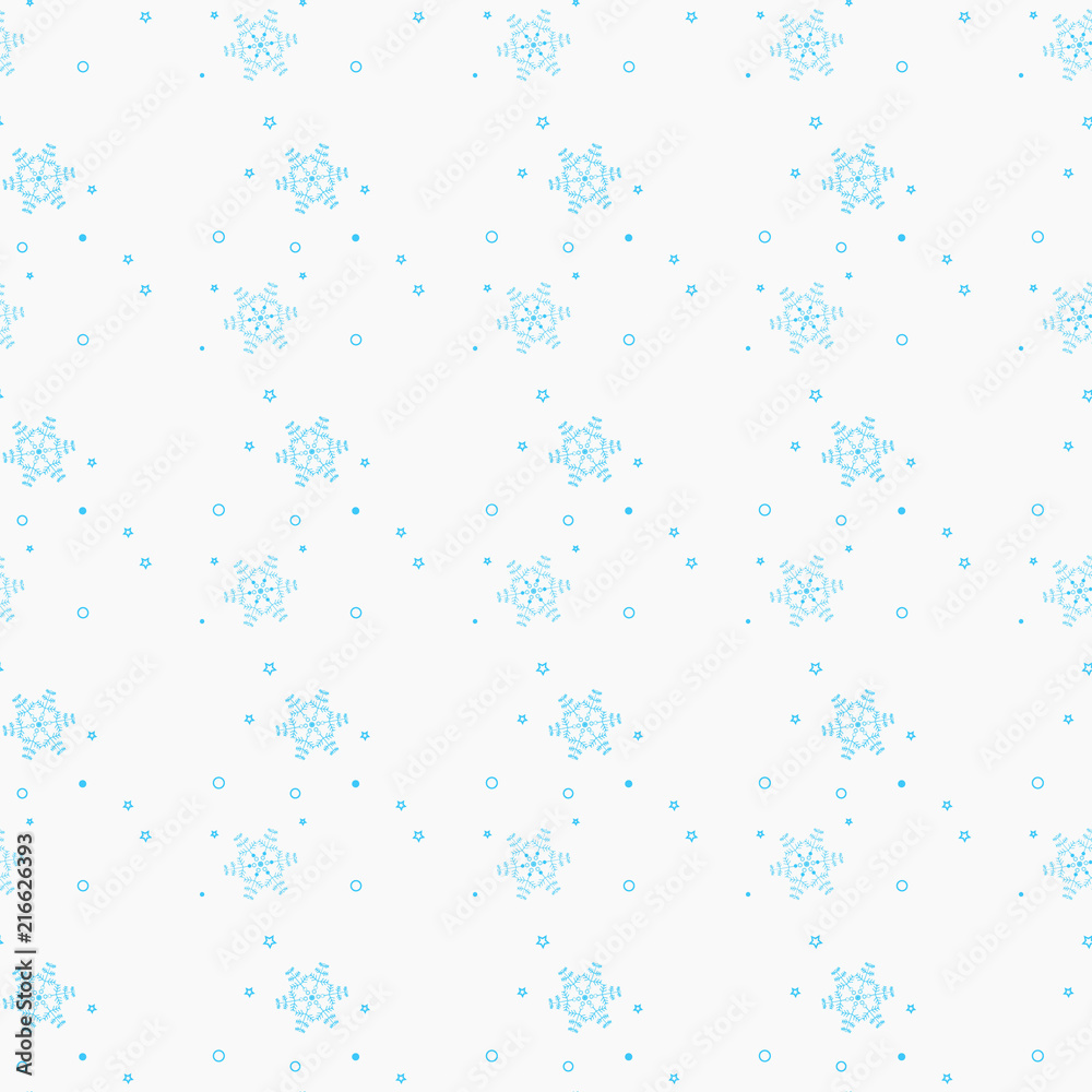 Snowflake simple seamless pattern. Blue snow on white background. Abstract wallpaper, wrapping decoration. Symbol of winter, Merry Christmas holiday, Happy New Year celebration Vector illustration Snowflake simple seamless pattern. Blue snow on white background. Abstract wallpaper, wrapping decoration. Symbol of winter, Merry Christmas holiday, Happy New Year celebration Vector illustration