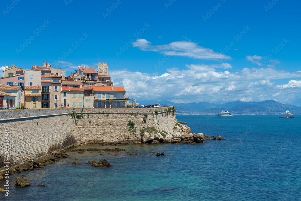 The old town of Antibes and defensive stone walls occupying a prominant position on the Mediterranean, French Riviera.