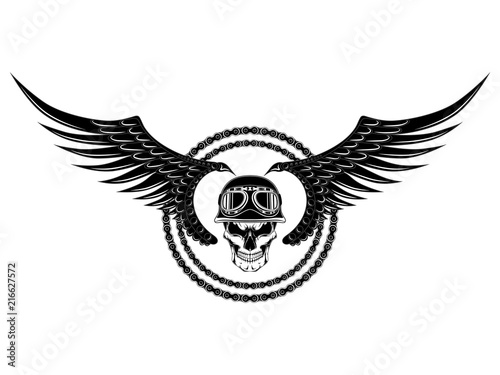 Vector image of a skull in a helmet with a chain and wings.