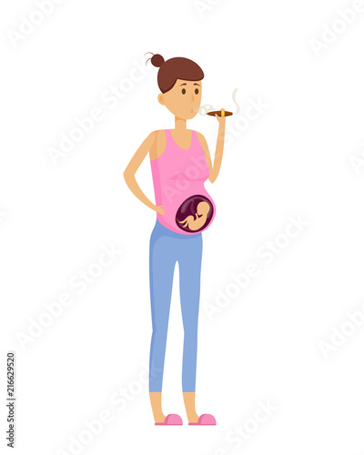 Young woman smoking cigarettes, poisoning the future child.