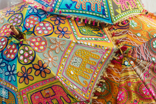 Colorful handmade umbrellas made with knitting