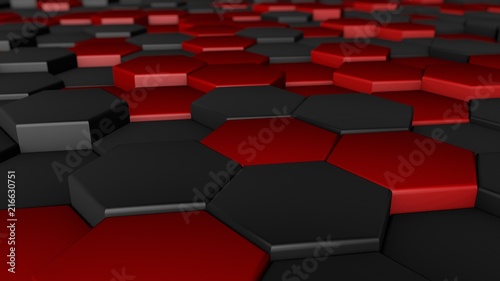 3D illustration set of hexagons, honeycombs form a background, honeycombs of different colors with depth of field. Abstraction, 3D rendering. The idea of order and set.