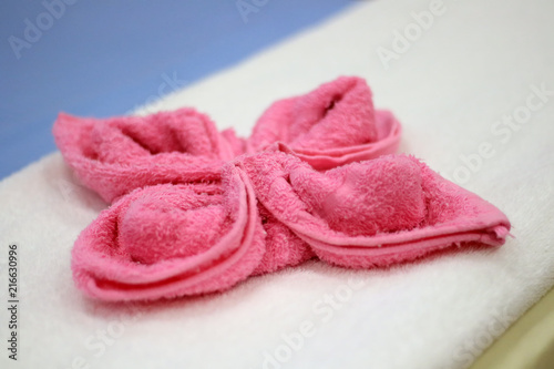 Towels craft flowers Thai traditional style decoration in massage spa. © settapong